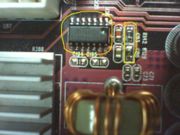После проверки VID'ов и выходных напряжений управления драйвером на ШИМе HIP6302, приходим к выводу, что виновником является сам драйвер мосфетов HIP6602, стоящий в связке с ШИМ-контроллером. При замене м/с следует обратить внимание на два огрничительных резистора, стоящие в цепях питания (VCC и PVCC) драйвера- они могут быть оборваны или иметь отличное от номинала (10 Ом) сопротивление.