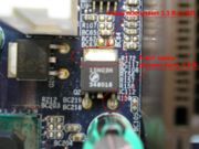  А вот и виновник проишествия, забившийся в угол между PCI и AGP. На стоке вместо положеных 1,5В, напряжение 0,4В. Выпаиваем его и проверяем. Транзистор открывается не полностью. Меняем диверсанта на исправный.